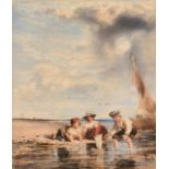 19th Century Scottish School, children playing with a toy yacht on a coastal inlet, watercolour, 6.