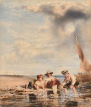 19th Century Scottish School, children playing with a toy yacht on a coastal inlet, watercolour, 6.