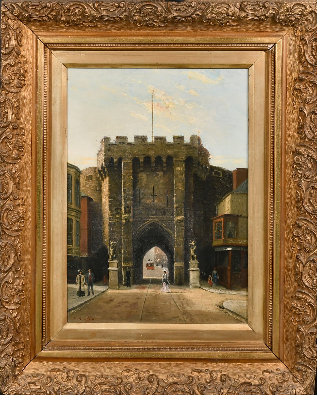 Frank Rawlings Offer (1847-1932), figures before a city arch, oil on canvas, signed, 14" x 10" (36 x - Image 2 of 4