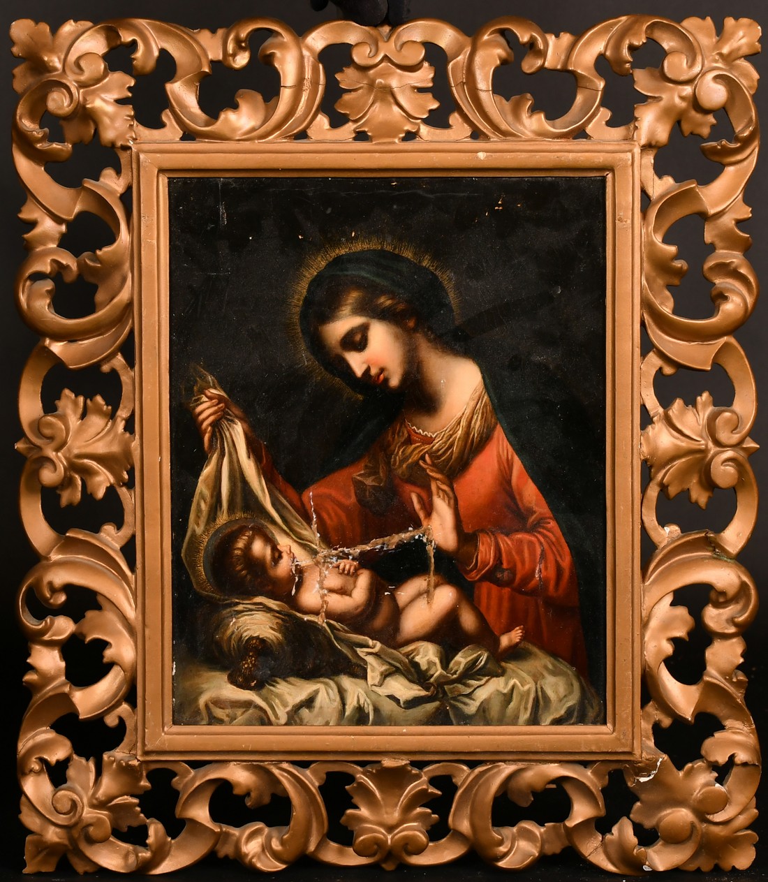 19th Century Italian School, Madonna and Child, oil on canvas, in a Florentine Carved frame, 12" x - Image 2 of 3