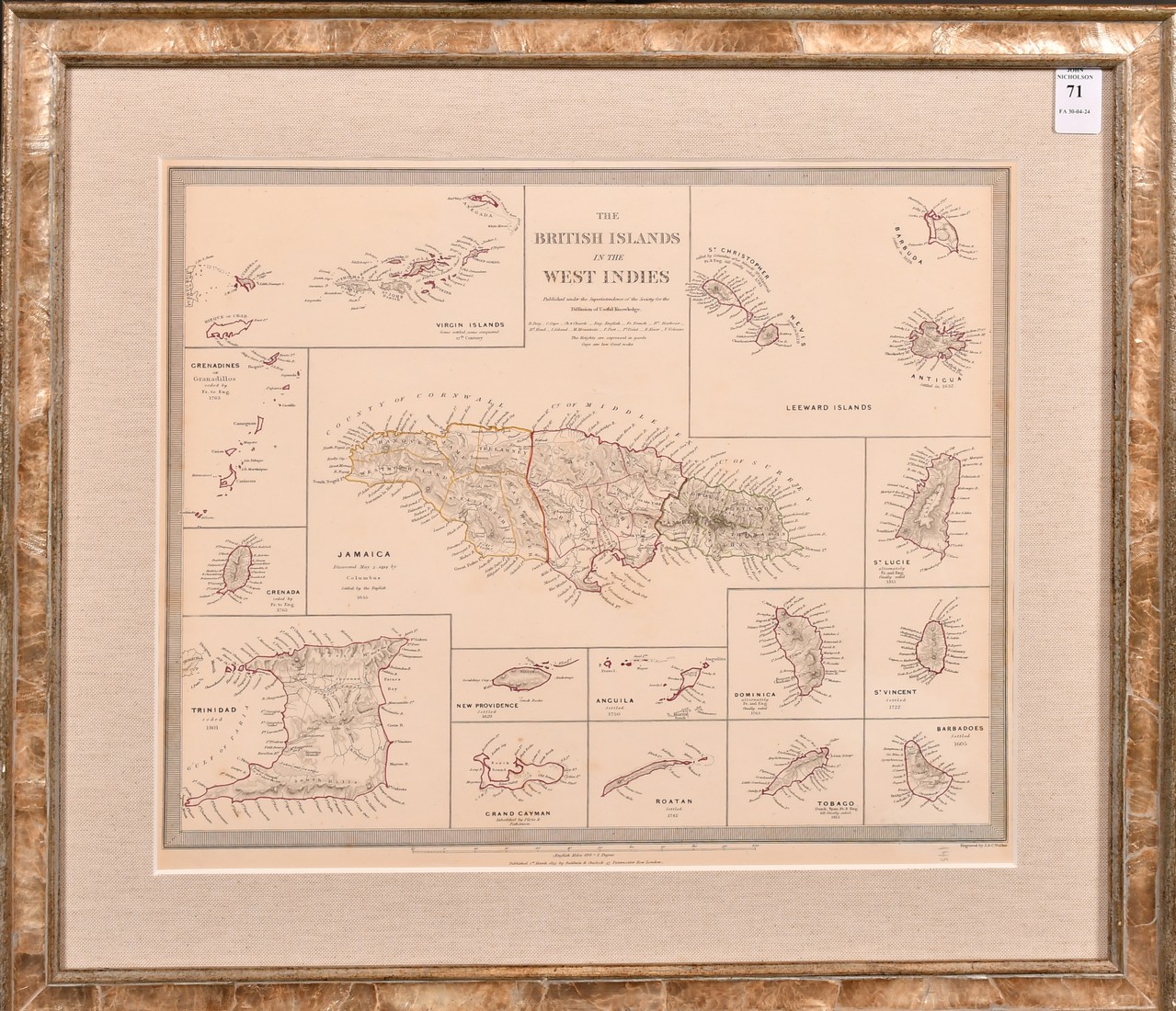 An antique map showing the 'British Islands in the West Indies' engraved by J. & C. Walker, 13" x - Image 2 of 3
