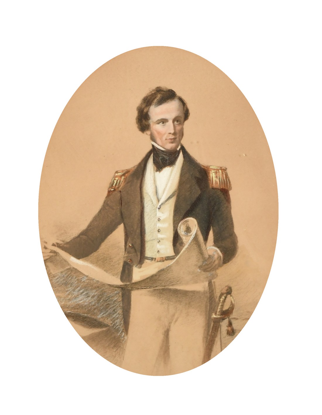 19th Century a portrait of a naval captain holding a map, watercolour probably over a photographic