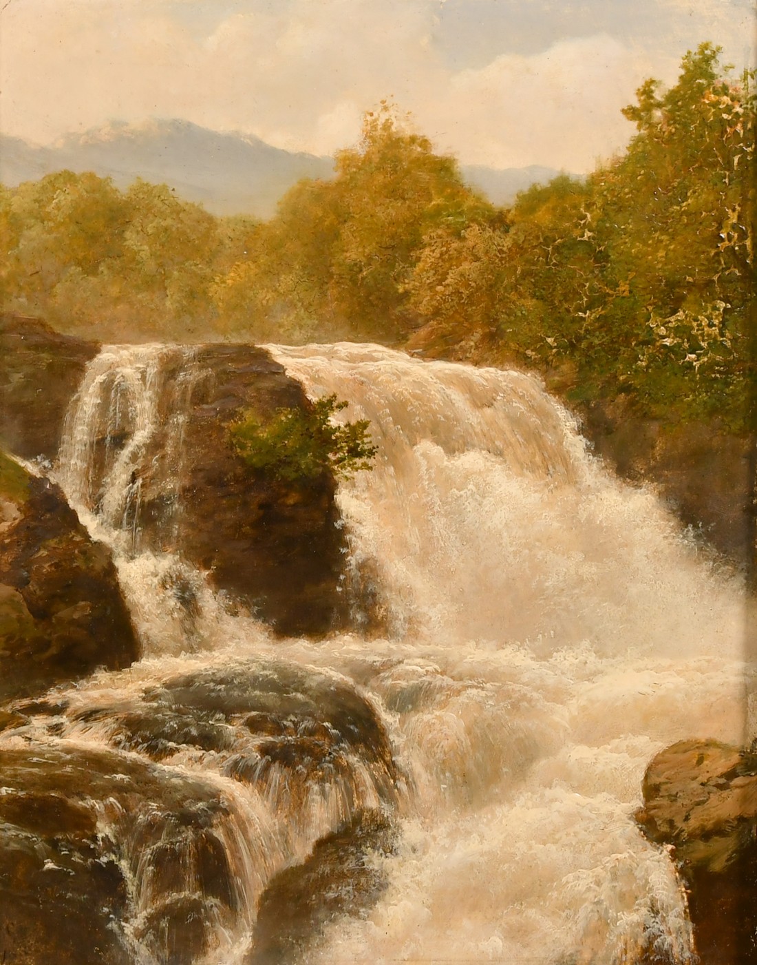 Attributed to Edmund Gill (1820-1894), a waterfall scene, oil on panel, indistinctly signed with