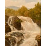 Attributed to Edmund Gill (1820-1894), a waterfall scene, oil on panel, indistinctly signed with