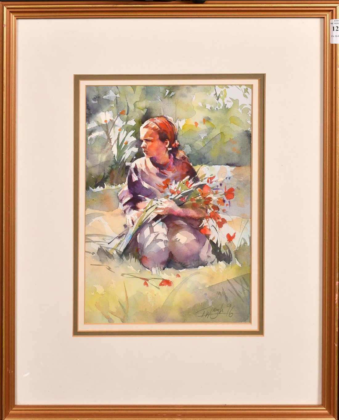 Trevor Waugh (20th Century), 'Girl in Cornfield', watercolour, signed and dated 96, 12" x 8.25" ( - Image 2 of 4