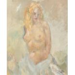 Frank Dobson (1888-1963), a half length study of a female nude with blonde hair, oil on board, 24" x