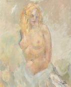 Frank Dobson (1888-1963), a half length study of a female nude with blonde hair, oil on board, 24" x