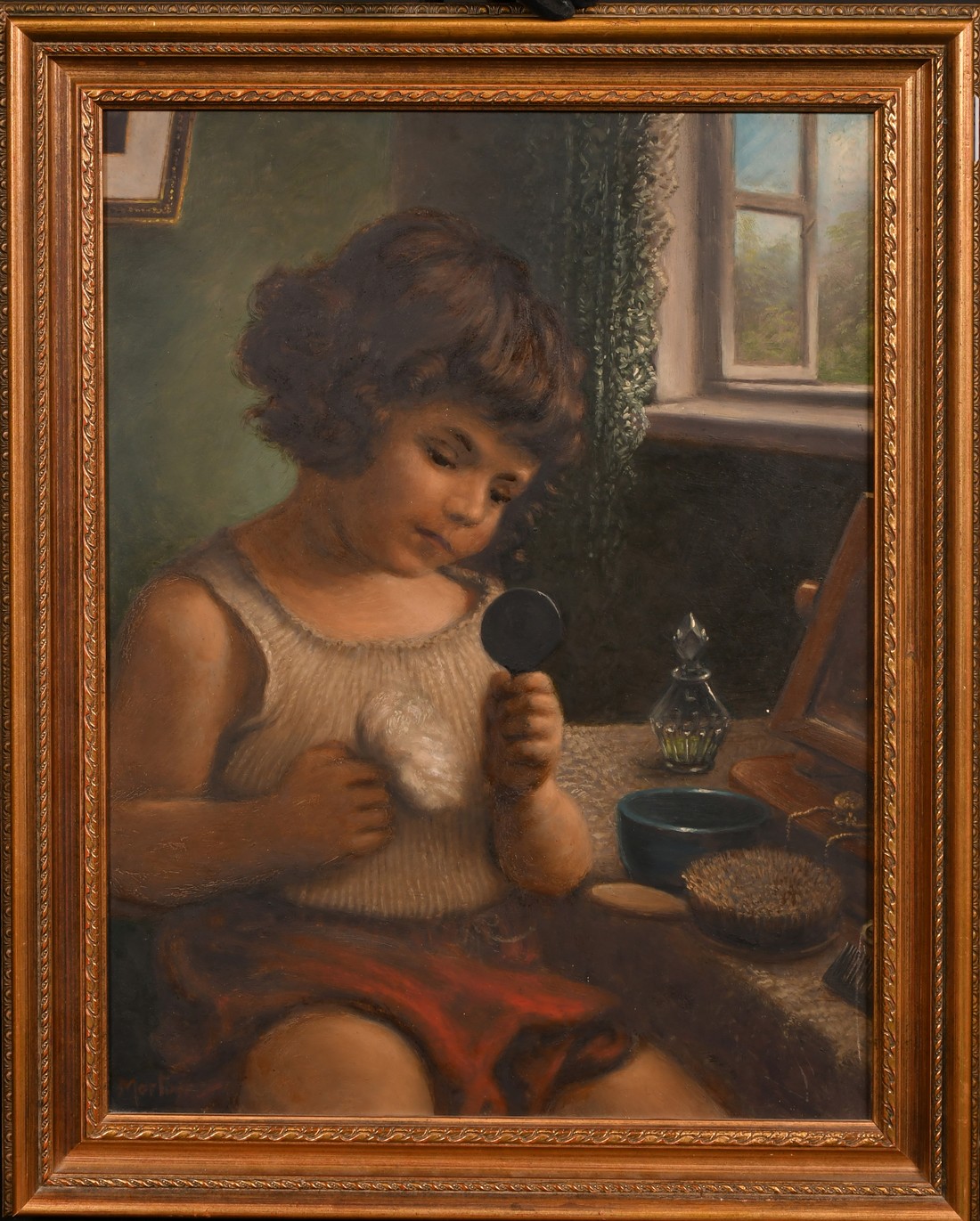 Morton, Early 20th Century, a young girl with a powder puff at a dressing table, oil on board, 20" x - Image 2 of 4
