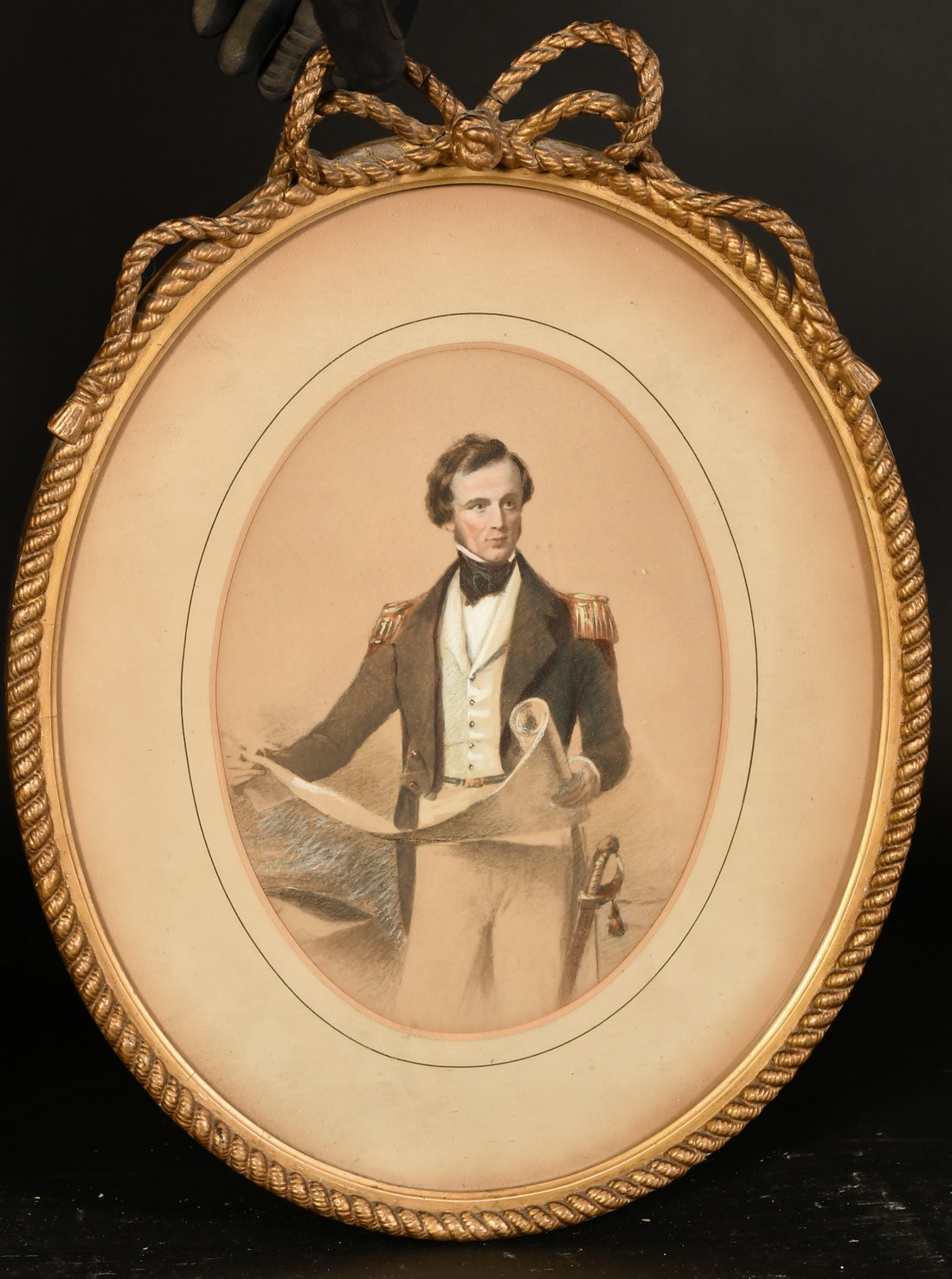 19th Century a portrait of a naval captain holding a map, watercolour probably over a photographic - Image 2 of 3