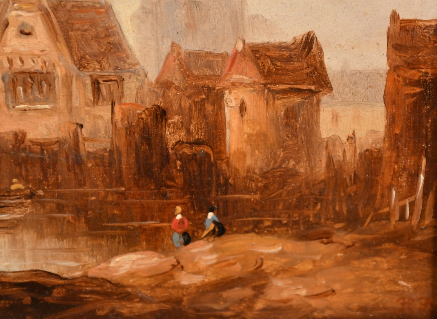 Late 19th Century English School, a pair of oil on board views of riverside towns, each signed - Image 3 of 6