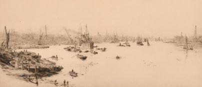 William Lionel Wyllie (1851-1931), boats moored along the Thames, etching, signed in pencil, plate