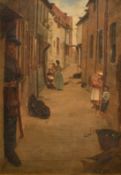 Alfred Armitage, Late 19th Century, 'The Cross, Whitby', figures in a narrow street, oil on