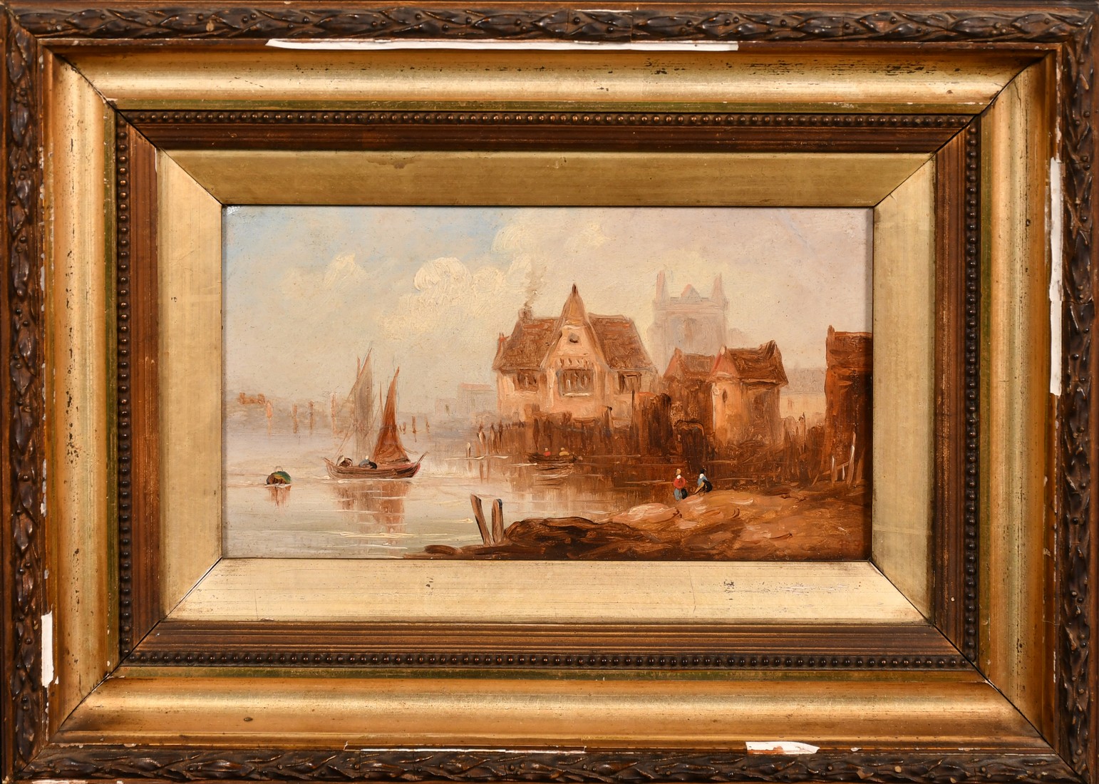 Late 19th Century English School, a pair of oil on board views of riverside towns, each signed - Image 2 of 6