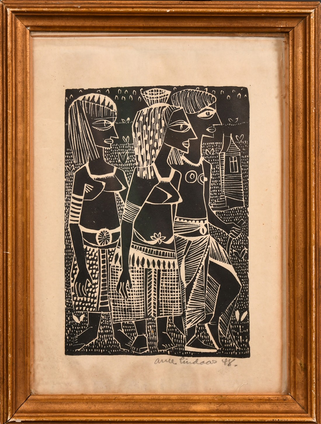 Arne Lindaas, three native figures, wood engraving, signed in pencil and dated 48, image size 5. - Image 2 of 4