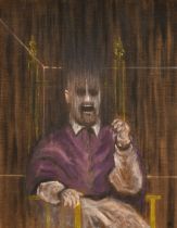 Manner of Francis Bacon, seated pope, oil on canvas, 36" x 28" (92 x 71cm).