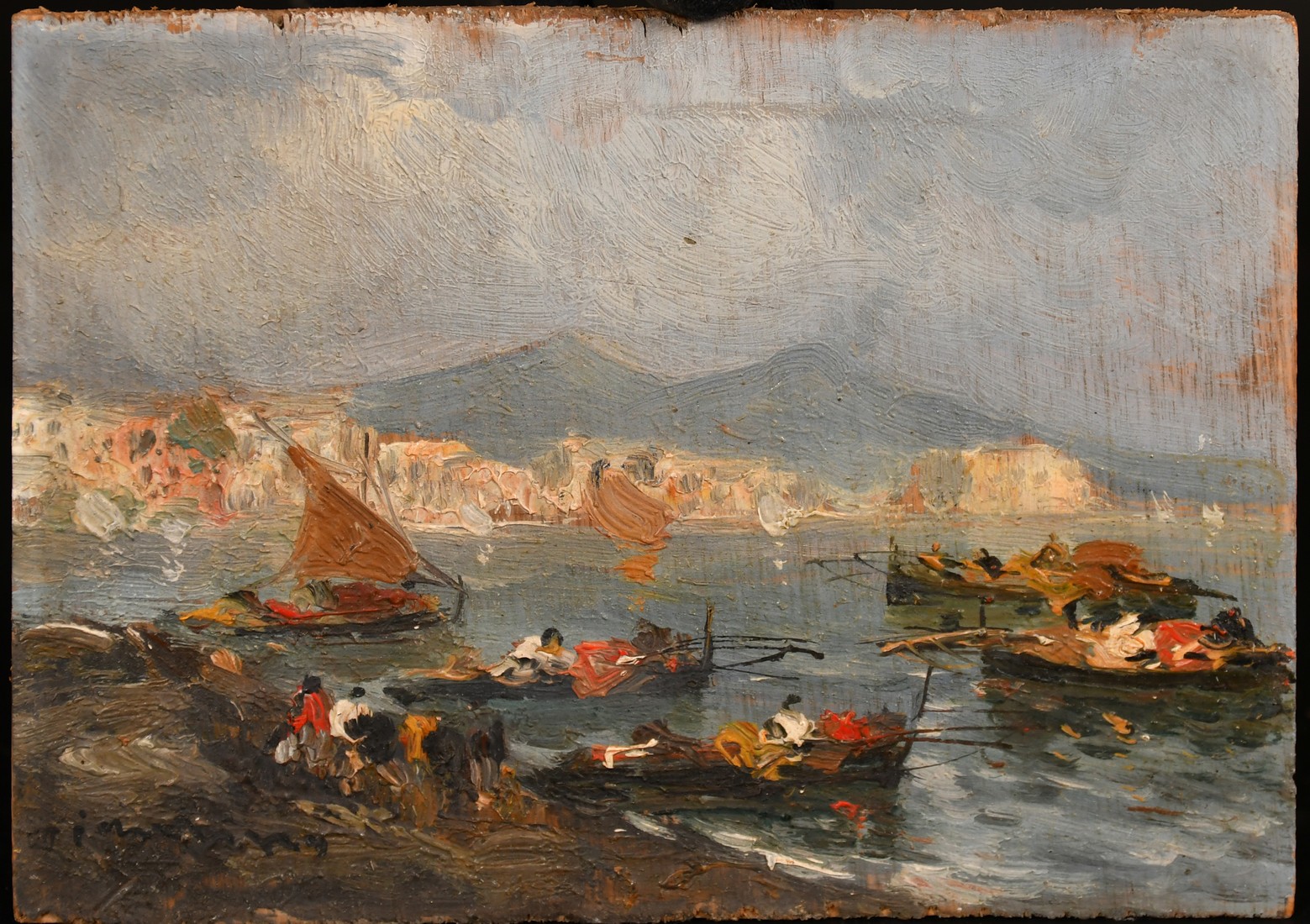 Italian School, Circa 1900, a pair of oil on panel scenes of boats in the bay of Naples, - Image 4 of 5