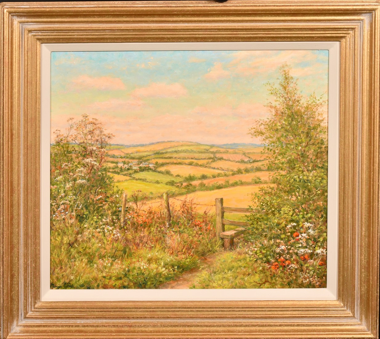 Mervyn Goode, 'Stile and Patchwork Fields, Midsummer', oil on canvas, signed, 14" x 16" (36 x - Image 2 of 4