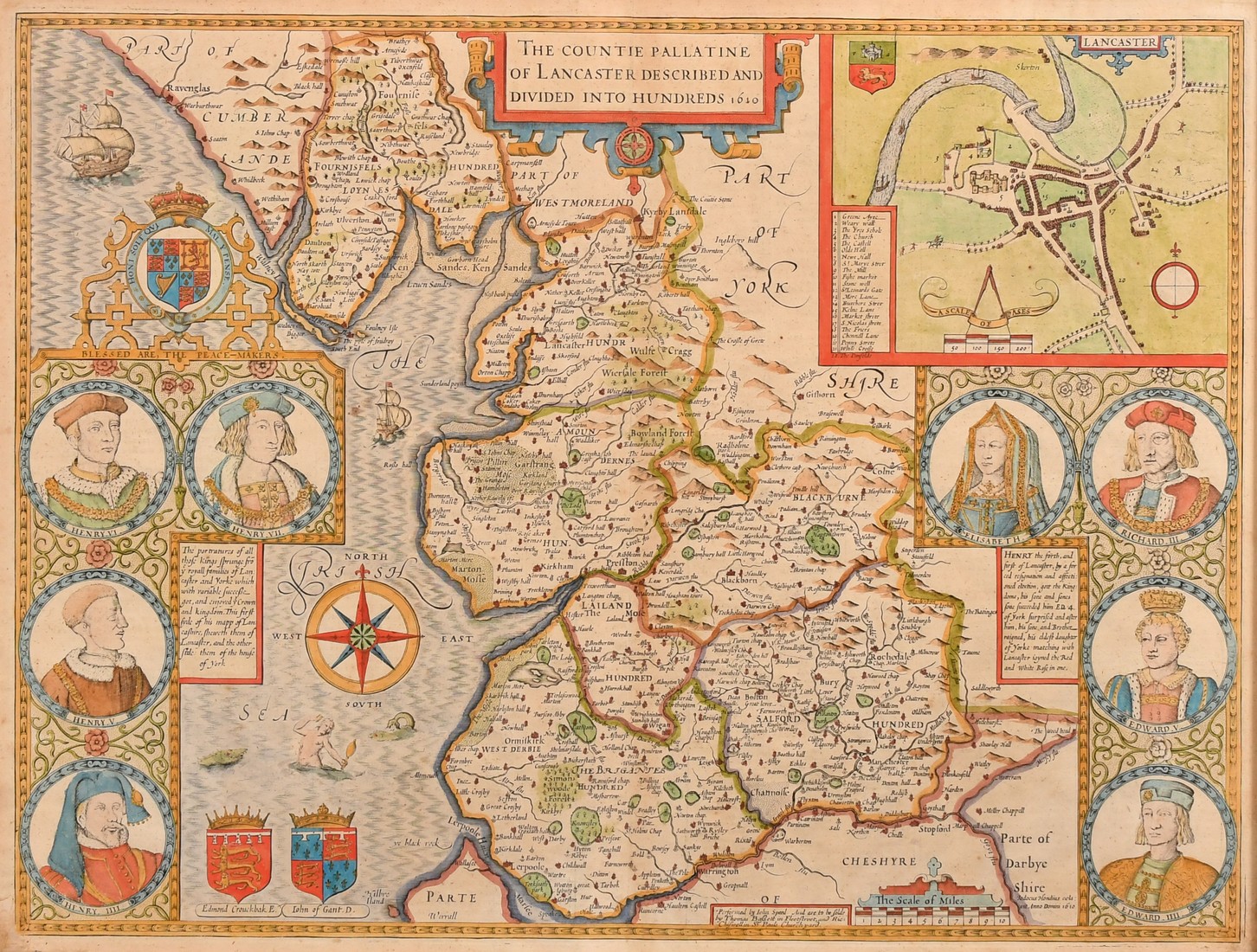 John Speed, a 17th Century map of 'The Countie Pallatine of Lancaster', hand coloured, 16" x 21" (41
