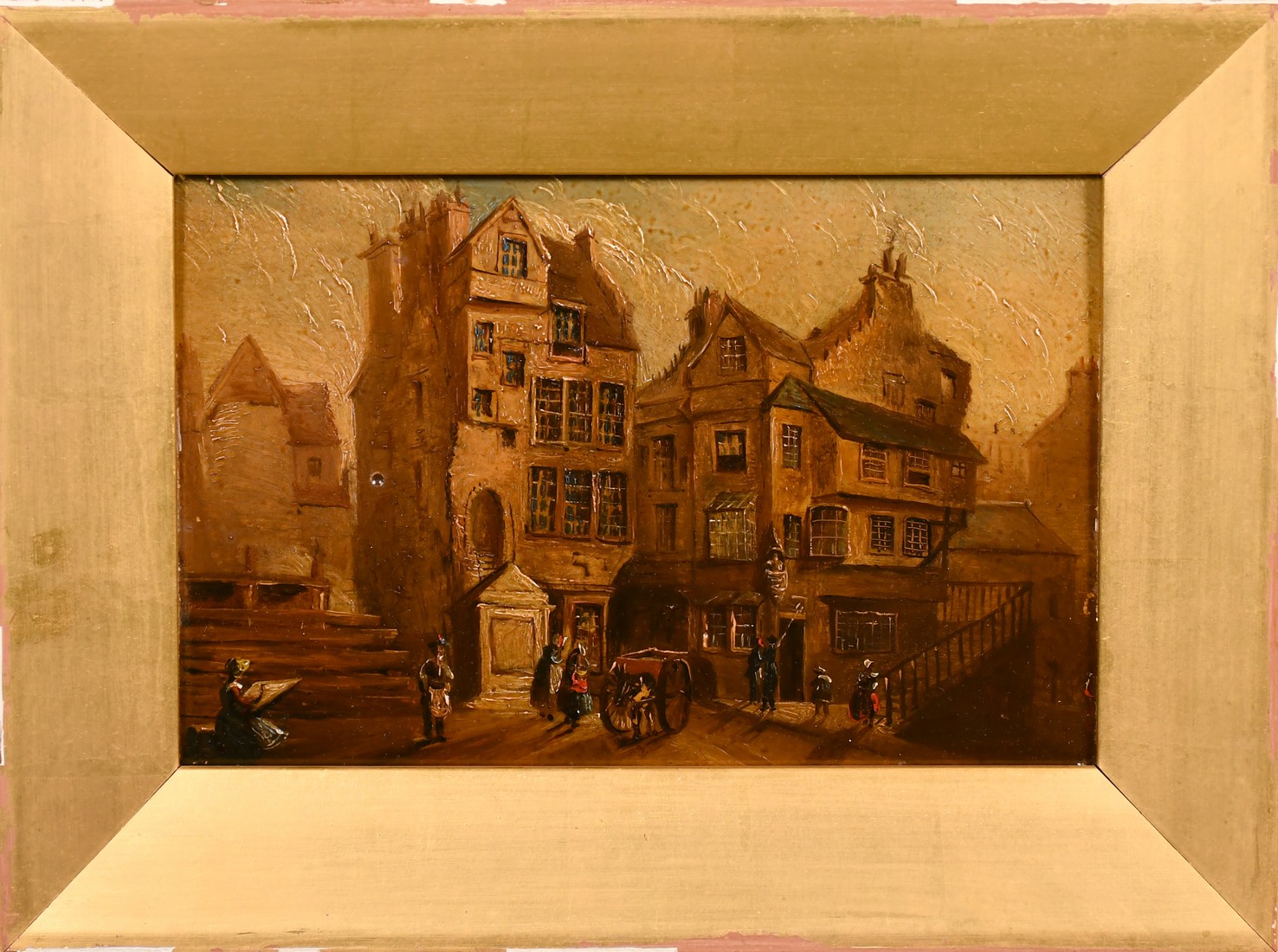 Early 19th Century, a pair of oil on panel town views with figures, both with indistinct - Image 2 of 5