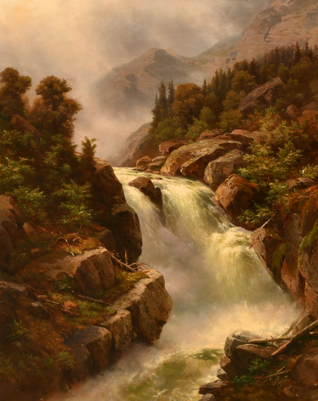 Johann Wilhelm Lindlar (1816-1896), a river in torrent with a misty mountain view beyond, oil on