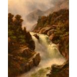 Johann Wilhelm Lindlar (1816-1896), a river in torrent with a misty mountain view beyond, oil on