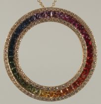 AN 18CT YELLOW GOLD MULTI SAPPHIRE, DIAMOND AND CITRINE PENDANT AND CHAIN.