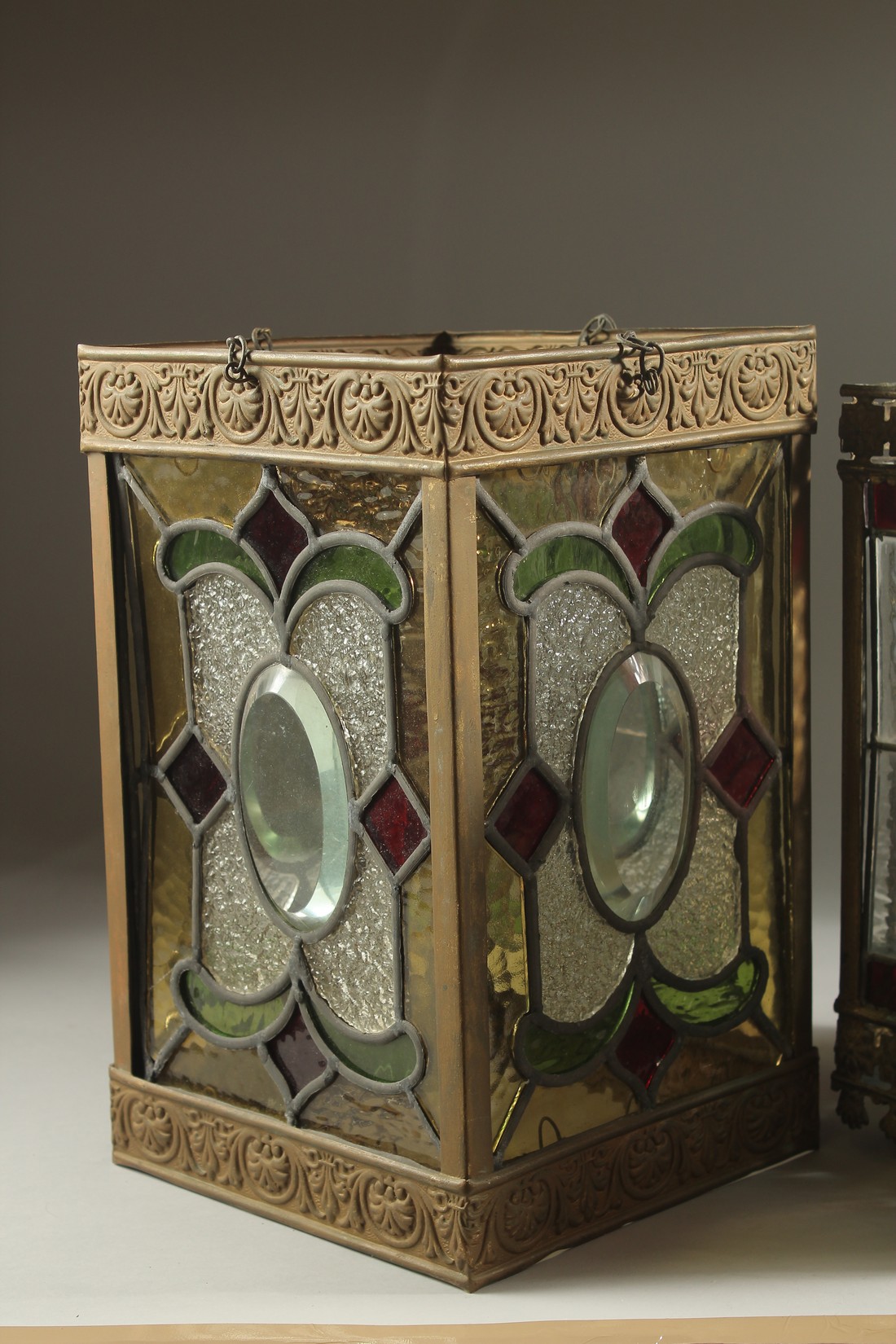 TWO SQUARE LEADED LIGHT HALL LANTERNS. 13ins & 12ins high. - Image 2 of 4
