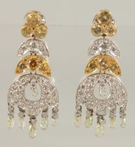 BERGANZA. A GOOD PAIR OF YELLOW AND WHITE GOLD DIAMOND DROP EARRINGS. 1597.