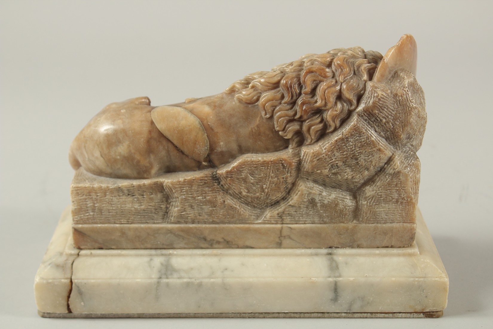 THE LION OF LUCERNE. A SOAPSTONE CARVING OF A LION on a marble base. See label on reverse. 9ins - Image 5 of 7