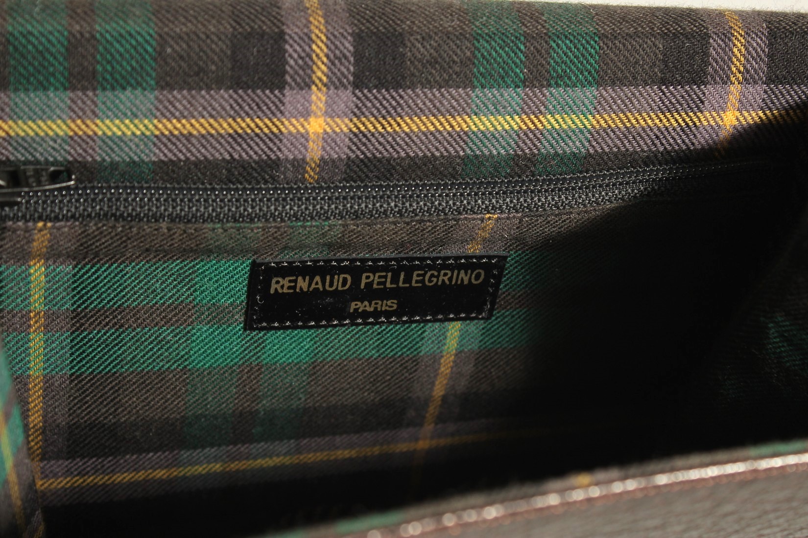 A RENAUD PELLEGRINO, PARIS, BROWN BAG with tartan interior. 23cms long x 19cms deep. - Image 4 of 4