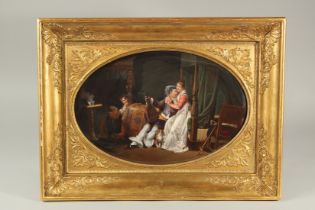 A SUPERB 19TH CENTURY CONTINENTAL PORCELAIN PLAQUE, an interior scene of young lovers, two