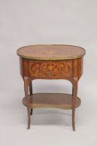 A GOOD LOUIS XVITH DESIGN OVAL INLAID CHEST with single drawer and under tier, on curving legs.