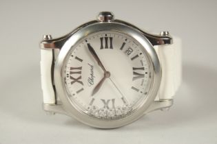 A CHOPARD HAPPY SPORT SIX DIAMOND MOVING CASE, with white rubber strap. 4244580 8552, in a Chopard