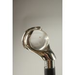 A CHROME HANDLE WALKING STICK "HAND AND GLASS BALL".
