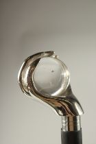 A CHROME HANDLE WALKING STICK "HAND AND GLASS BALL".