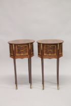 A PAIR OF LOUIS XVITH DESIGN INLAID OVAL BEDSIDE CUPBOARDS with three drawers, under tier and