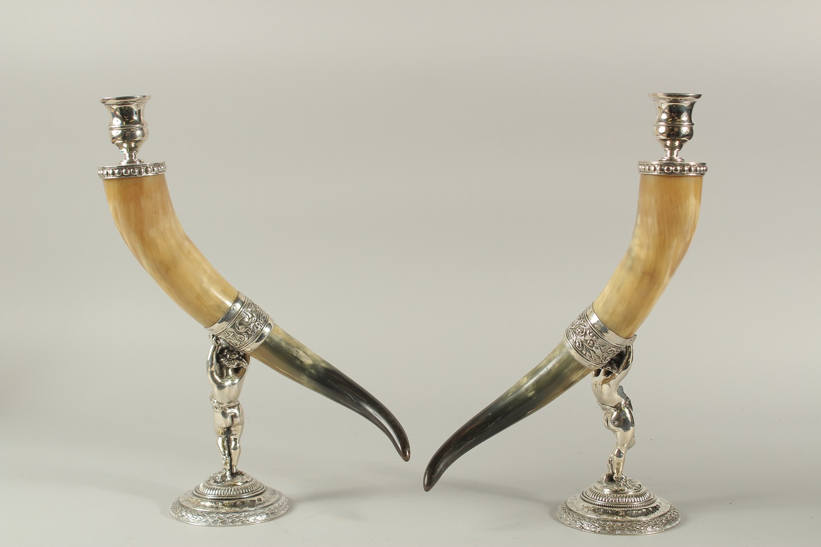 A GOOD PAIR OF MOUNTED HORN AND PLATE CANDLESTICKS, the horn with plated band and finial, and - Image 4 of 8