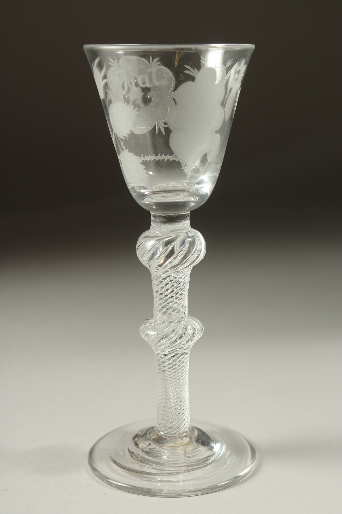 A SUPERB JACOBITE WINE GLASS, the bowl engraved with roses "FIAT", with air twist stem and double - Image 3 of 5