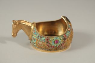 A VERY GOOD RUSSIAN SILVER GILT AND CLOISONNE KOVSH, the handle as a horse's head. Marks 84 Eagle 40