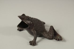 A BRONZE FROG. 16cms long.