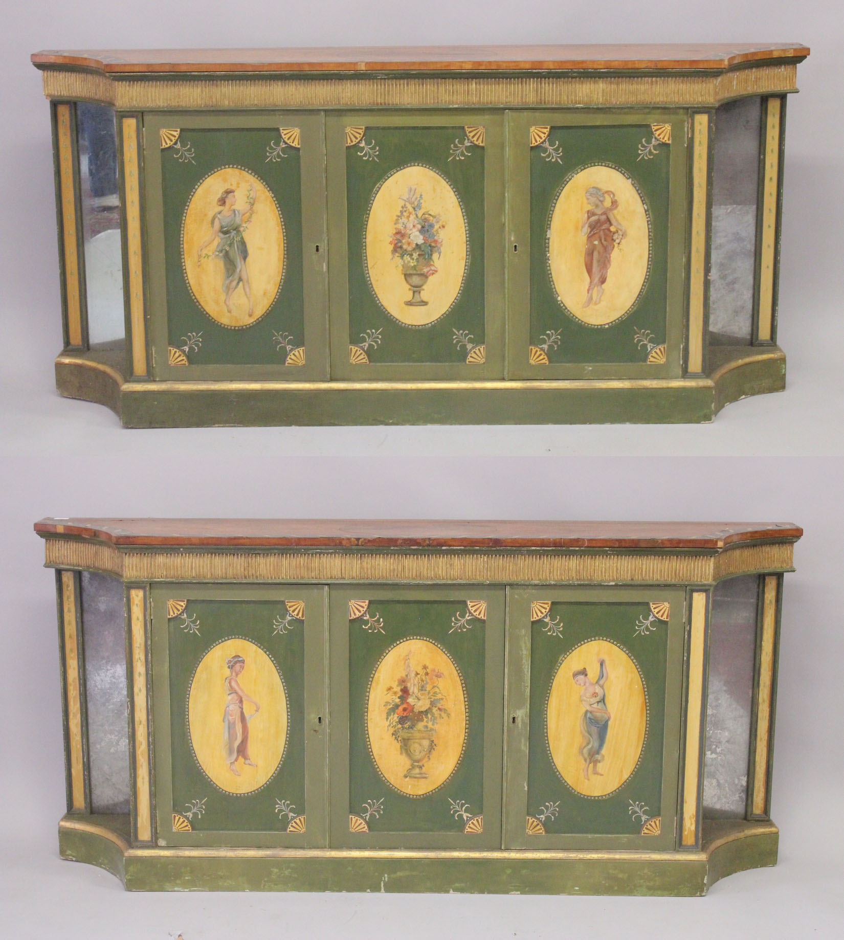 A VERY GOOD PAIR OF PAINTED SHERATON SIDE CABINETS, FAUX SATINWOOD, painted with garlands