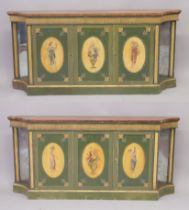 A VERY GOOD PAIR OF PAINTED SHERATON SIDE CABINETS, FAUX SATINWOOD, painted with garlands