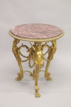 A GOOD EMPIRE DESIGN CIRCULAR GILT BRONZE MARBLE TOP TABLE with three winged classical figures