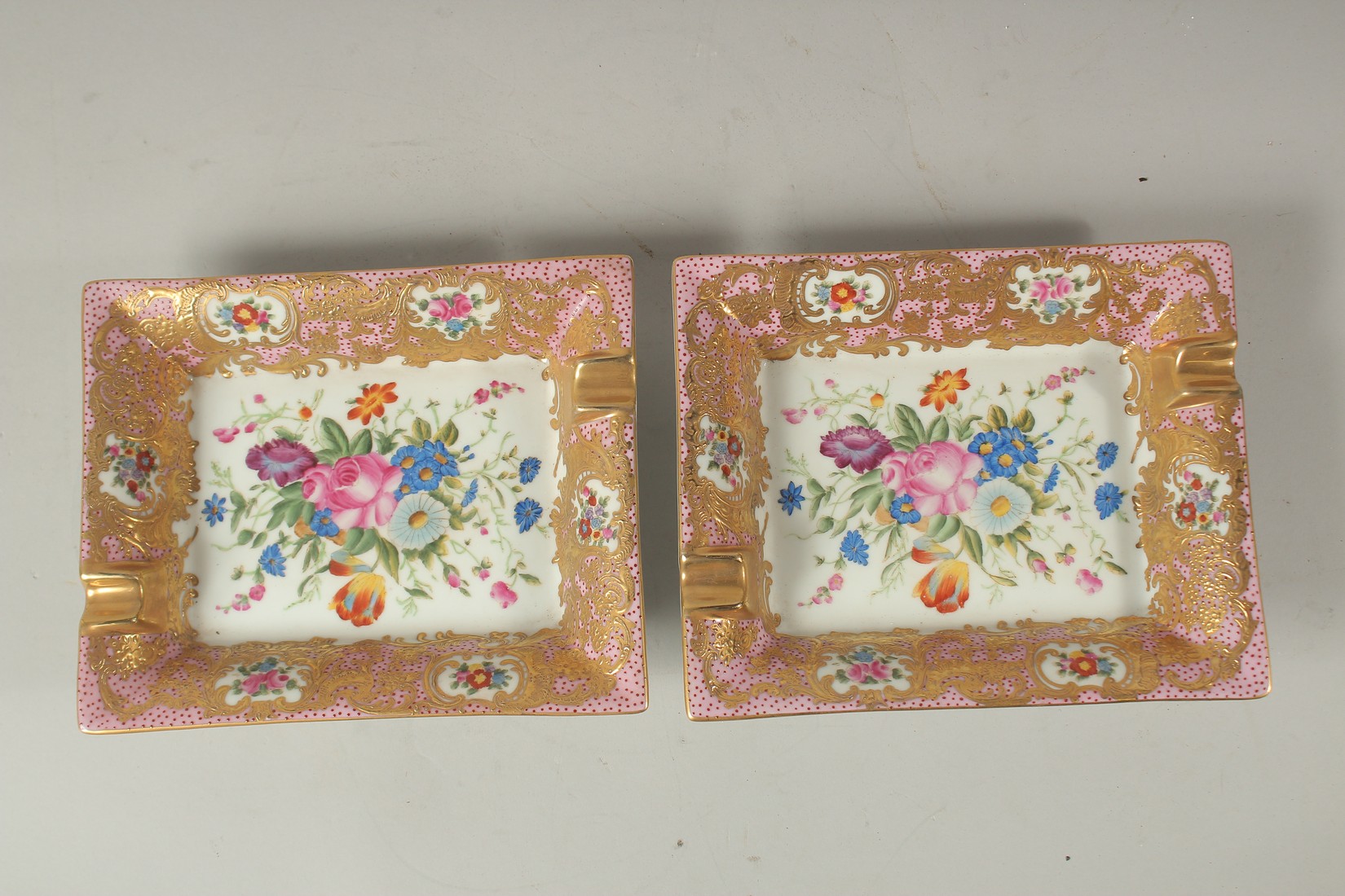 A PAIR OF SEVRES DESIGN PORCELAIN DISHES with flower designs. 19cms.