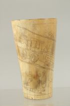 A SCRATCHWORK HORN BEAKER, an early train and carriages. 4.5ins high.
