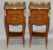 A SMALL PAIR OF LOUIS XVITH INLAID BEDSIDE CABINETS with brass gallery, brushing slide and three