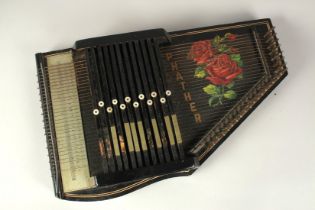 A PHATHER TABLE HARP painted with roses. 22ins long.