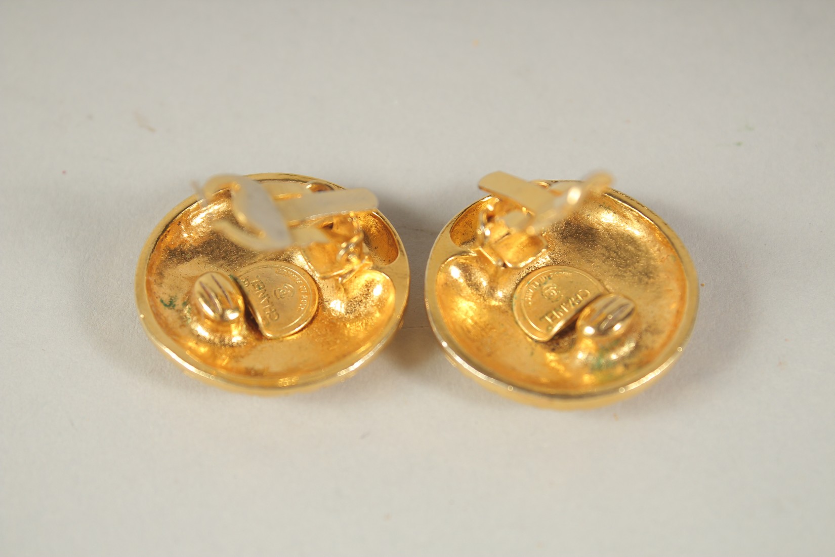A PAIR OF CHANEL GILT CLIP-ON EARRINGS. - Image 2 of 2