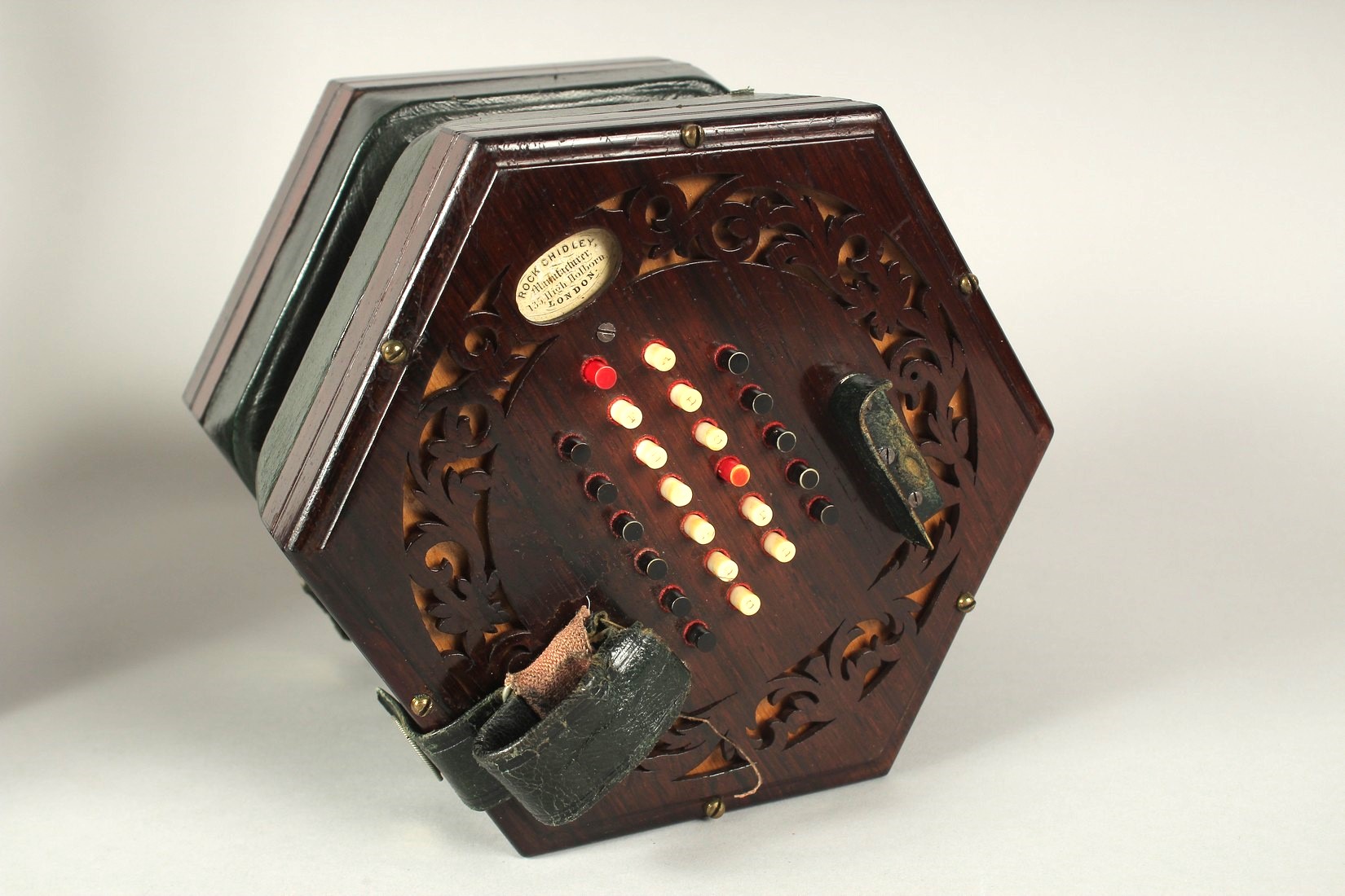 A GOOD ROCK CHIDLEY 48 KEY CONCERTINA, No. 2636, octagonal shape. 6ins with leather thumb straps, - Image 2 of 10