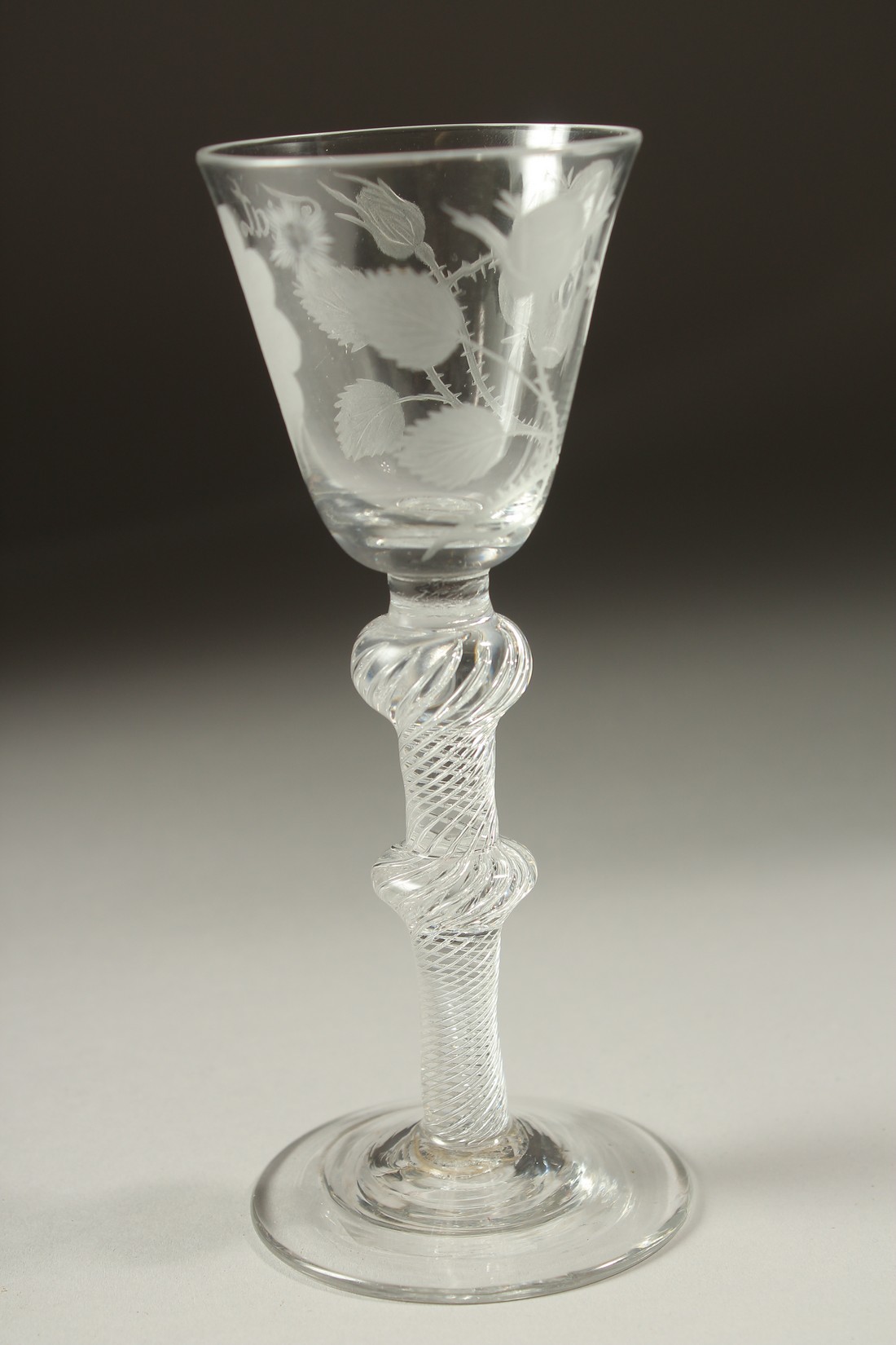 A SUPERB JACOBITE WINE GLASS, the bowl engraved with roses "FIAT", with air twist stem and double - Image 2 of 5